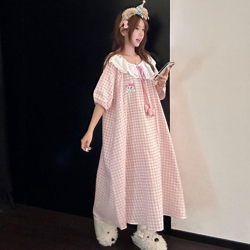 

Sweet and cute doll collar plaid nightdress women s summer new large size short-sleeved round neck cute loungewear can be worn outside 160(M)