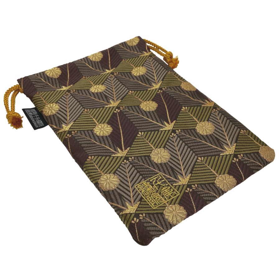 Senshishuin Nishijin Brocade Drawstring Bag (Lined) - Purple and Green Tortoiseshell Pine Design, Medium Size