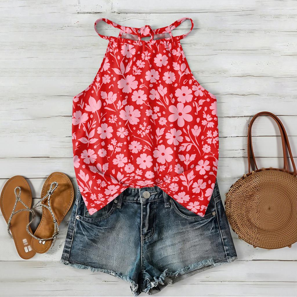 Boho Blumenmuster Ärmelloses Tanktop Leichte Sommer-Freizeitbluse Lockere Passform mit Verstellbaren Trägern für Damen