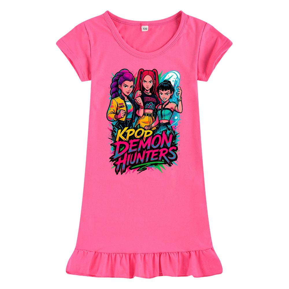 M1213 Kids Girls Kpop Rumi Zoey Mira Print Short Sleeves Ruffle Dress