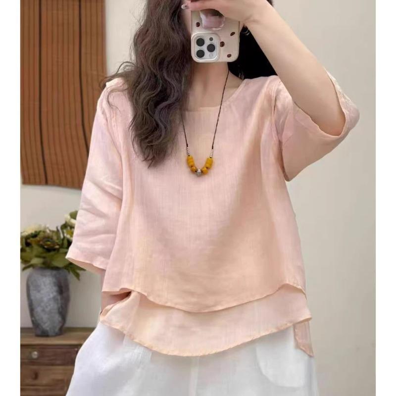 Women Green Square Neck Double Layer Three Quarter Sleeve Linen Blend Loose Blouse
