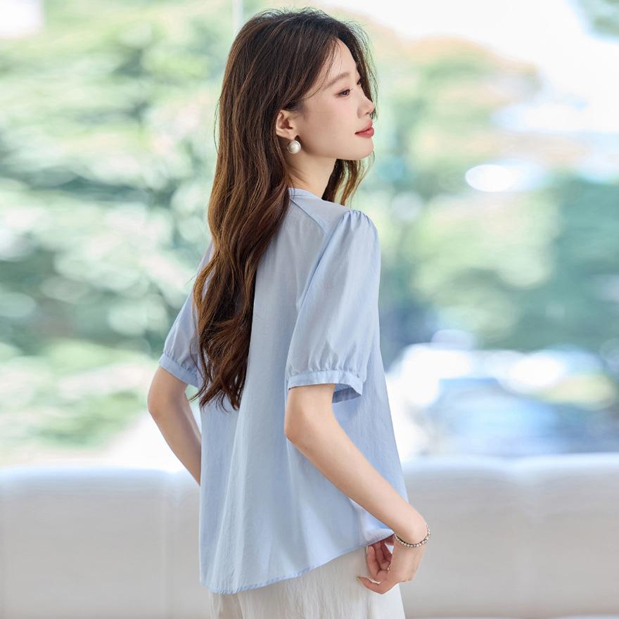 Summer thin pleated design bubble sleeves loose and versatile small casual shirt women