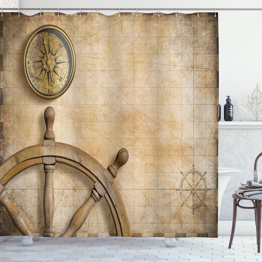Maritieme Eilandkaart Douchegordijnen, Vintage Oude Kaart Piratenschip Decor Polyester Oceaan Oude Piraten Schatkaart Douchegordijn