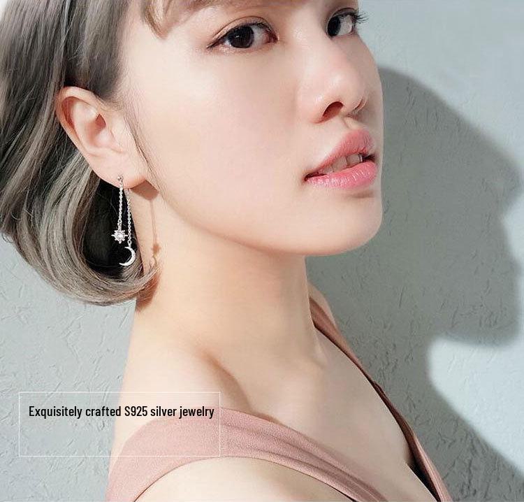 925 Sterling Silver Star & Moon Diamond Long Earrings for Women - Korean Fashion Jewelry