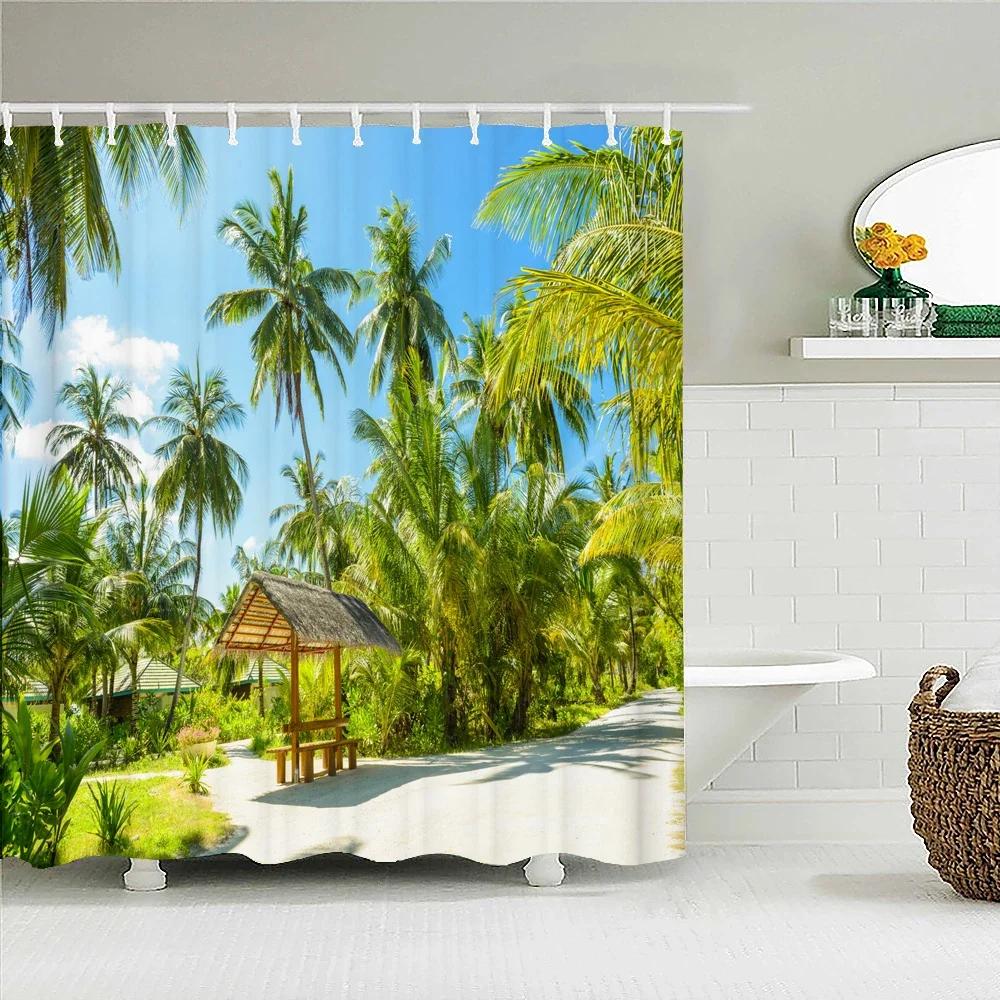 Sunny Beach Seaside Scenery 3D Printing Shower Curtain Large Size Waterproof Polyester Home Decor Curtain With Hooks