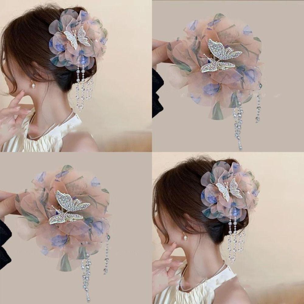 

Tassel Butterfly Hairgrips Mesh Hair Claw Elegant Shark Clip Women синий