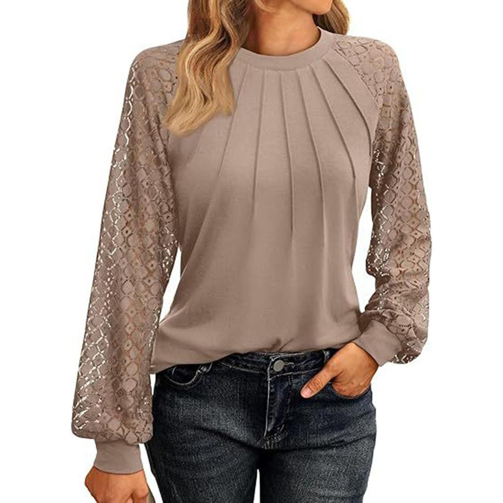 Women's Fashionable Long Sleeve Tops Lace Ruched T-Shirt Solid Round Neck Blouses Casual Top