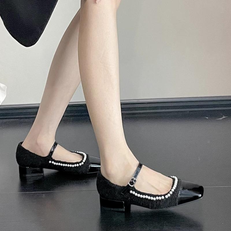 Fashion Women's Thick Heel Shoes Spring New Square Head Shallow Mouth Splicing Bead Non-slip Low-top Shoes