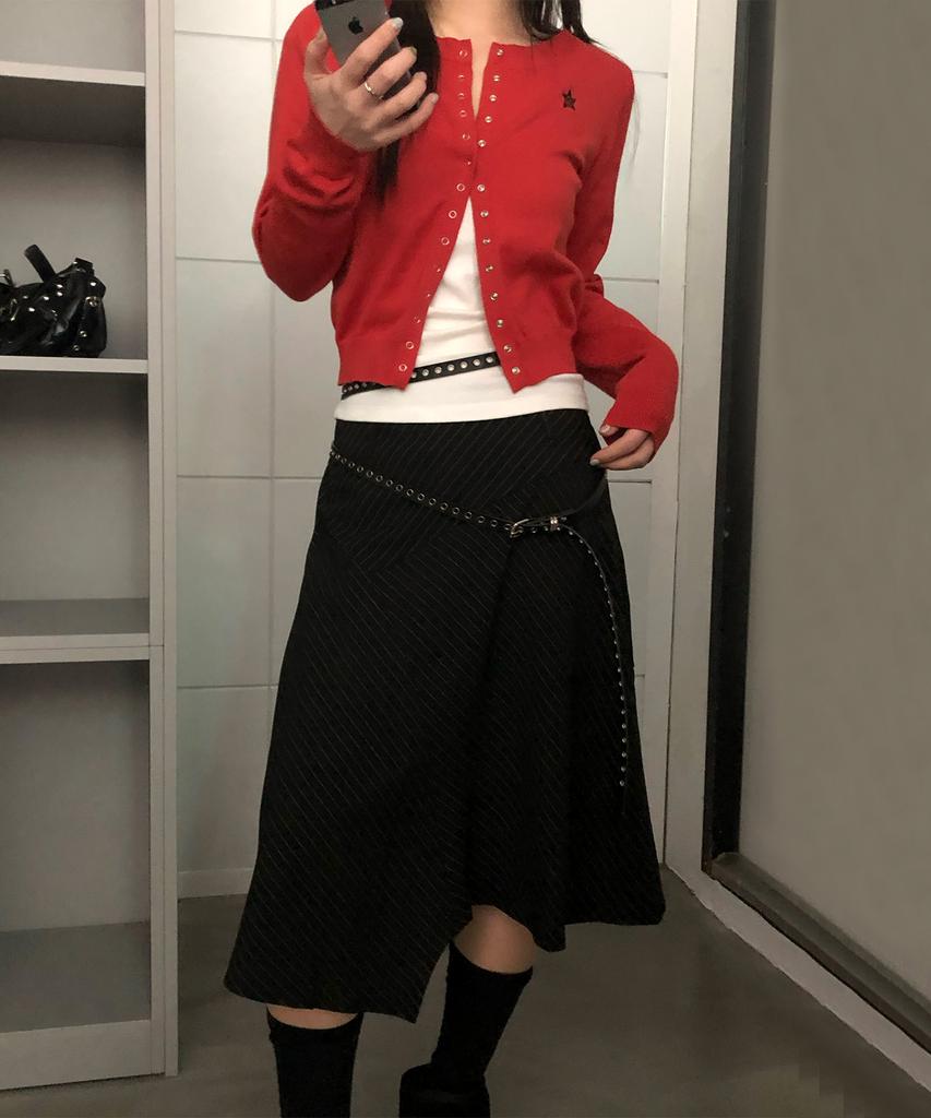 Chix Pinstripe Asymmetrical Midi Skirt Black