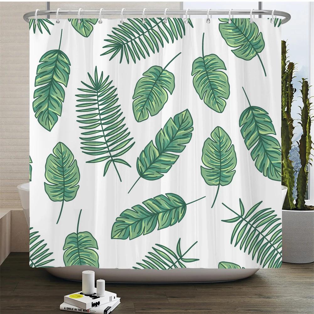 Green Plant Leaves Print Shower Curtains Watercolor Boho Floral Waterproof Morden Bathroom Bathtub Curtain Room Decor With Hooks
