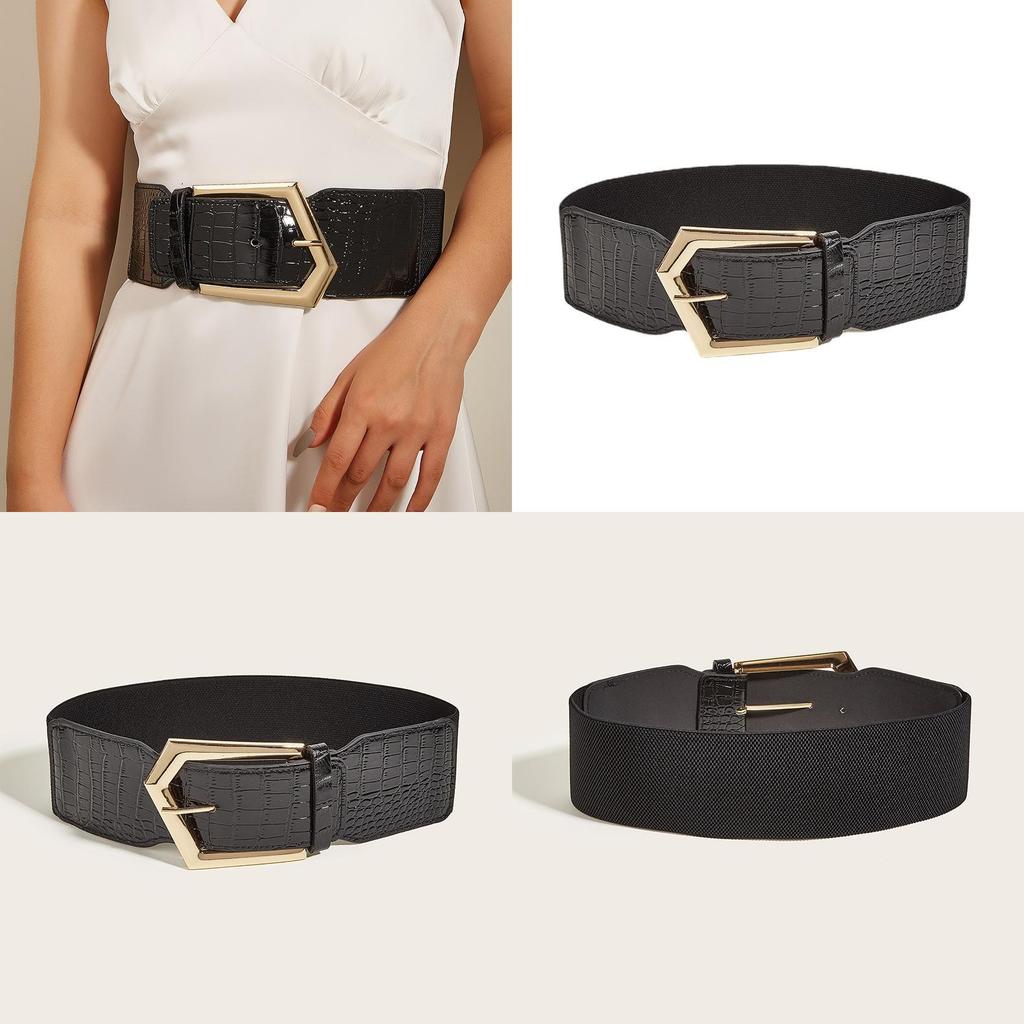 Vintage Korean Style Elastic Waist Belt For Dresses With Metal Geometric Buckle For Womens Fashion