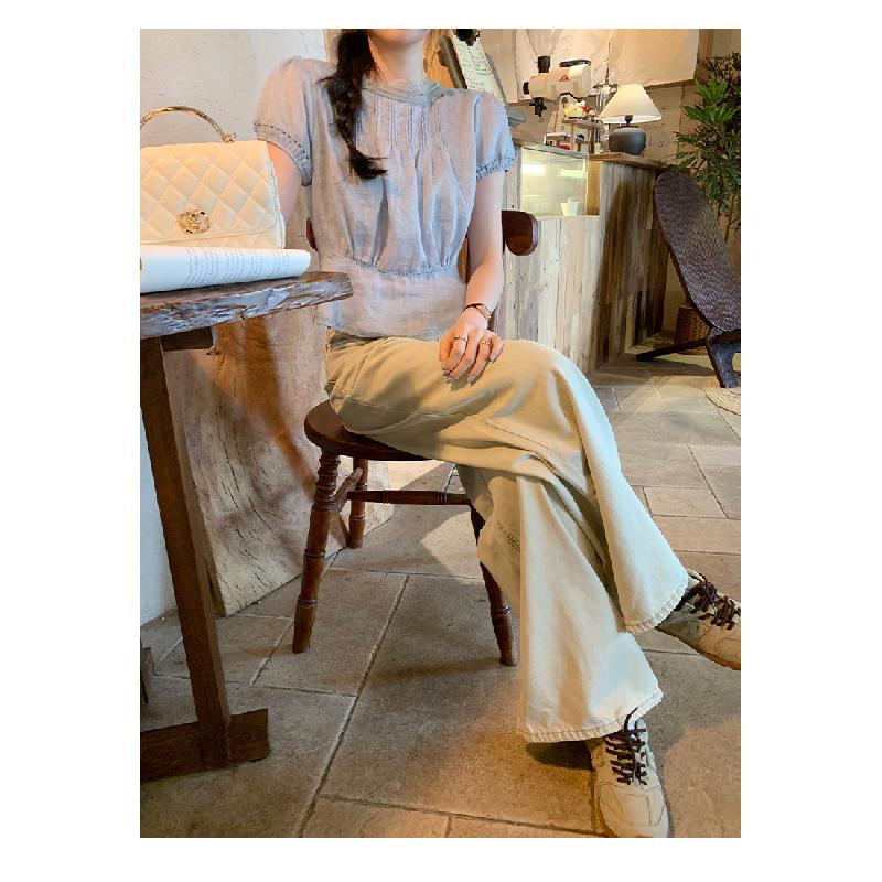 New Lace Spliced Puff Sleeve Chiffon Blouse for Women, Summer Tencel Ramie Short Top