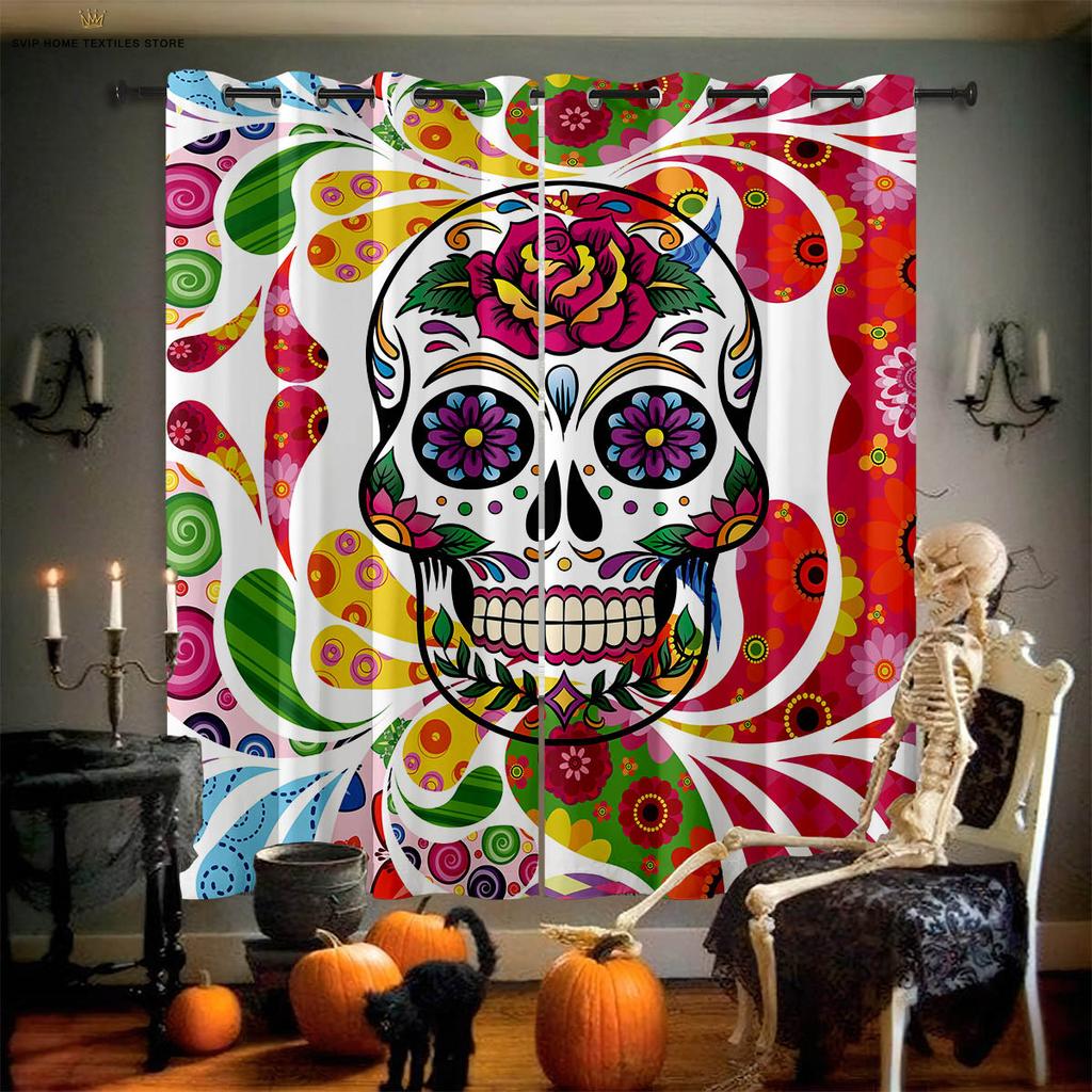 Blackout Curtains 3D Printed Floral Skull Print Curtains, Halloween, Gothic, Living Room, Dining Room, Holiday, Party Decoration