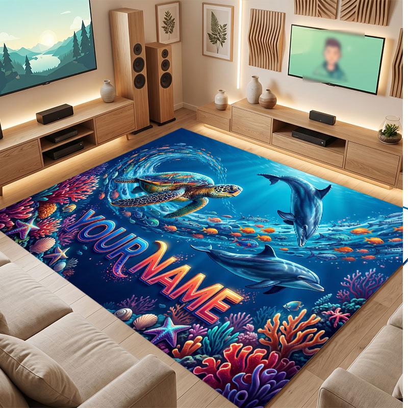 Θέμα Θαλάσσια Ζωή Χταπόδι Κρυστάλλινο Βελούδο Χαλί Δαπέδου Εξατομικευμένο Προσαρμοσμένο Όνομα Κείμενο Ζεστό Χαλί Διακόσμηση Σπιτιού