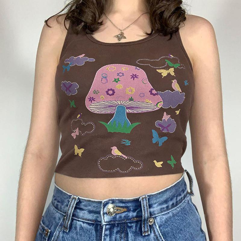 

Женский топ на бретельках без рукавов с забавным принтом Y2K, коричневый укороченный топ с рисунком Kawaii, уличная одежда, летний милый жилет, футболка