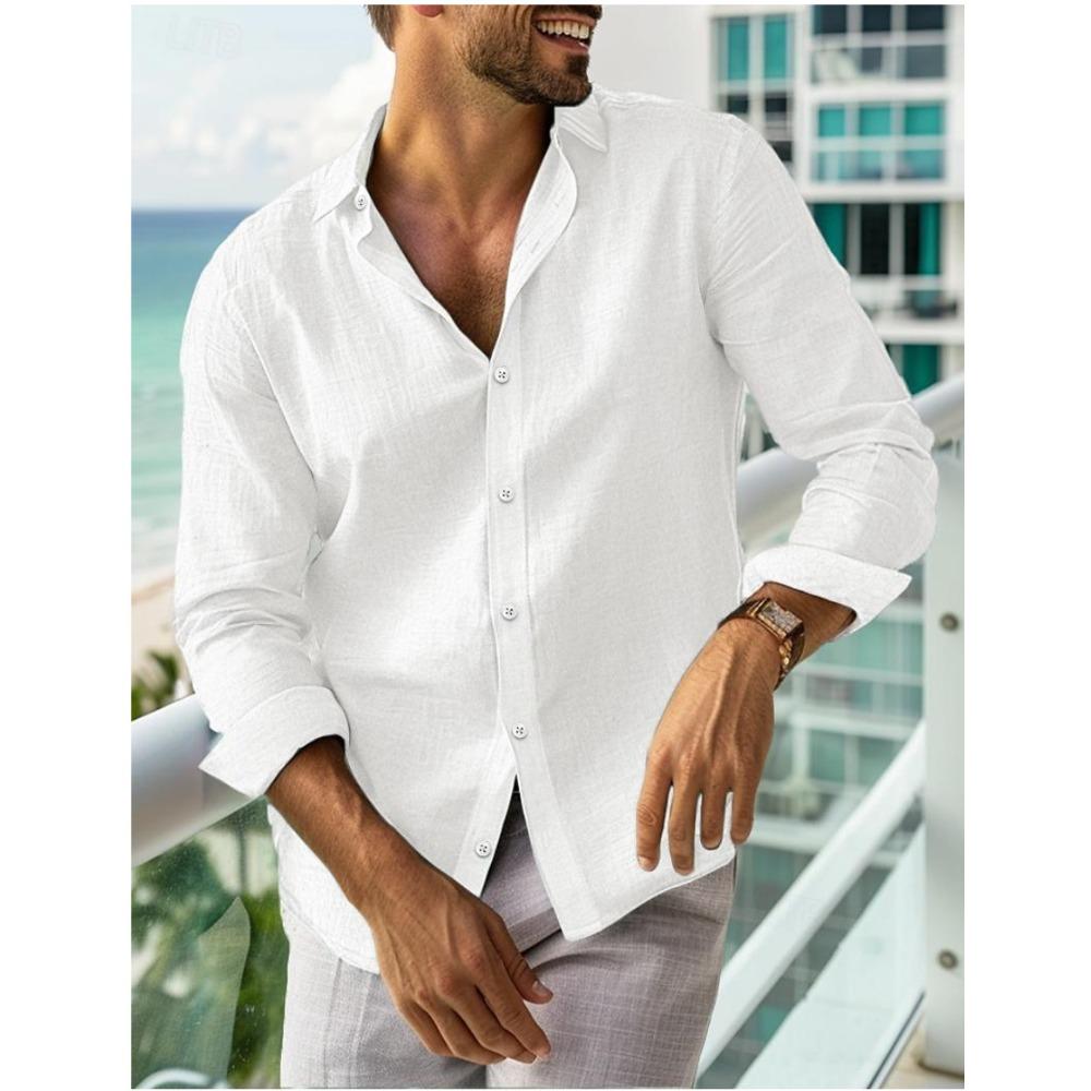 Men's Summer Shirt Button-down Shirt Long-sleeved Plain-coloured Collared Shirt Spring/Summer Casual Everyday Wear