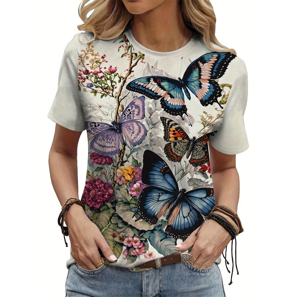 2025 Mode Damen T-Shirt Schmetterling Blumen Bedruckt Lässiges T-Shirt Vintage Damen Kurzarm Kleidung Übergröße Oberteile