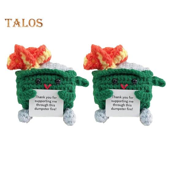 2Pcs Positive Crochet Flame Dumpster with Encouraging Card Emotional Support Handmade Knitting Trash Can Doll Decoration Ornament