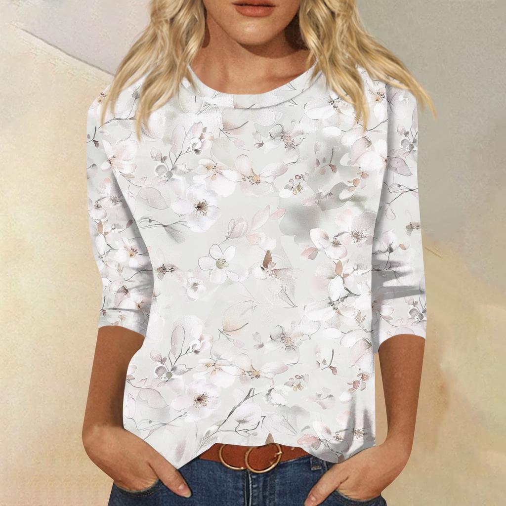 Women's Fashion Casual Round Neck 3/4 Sleeve Loose Printed T-Shirt Ladies Top