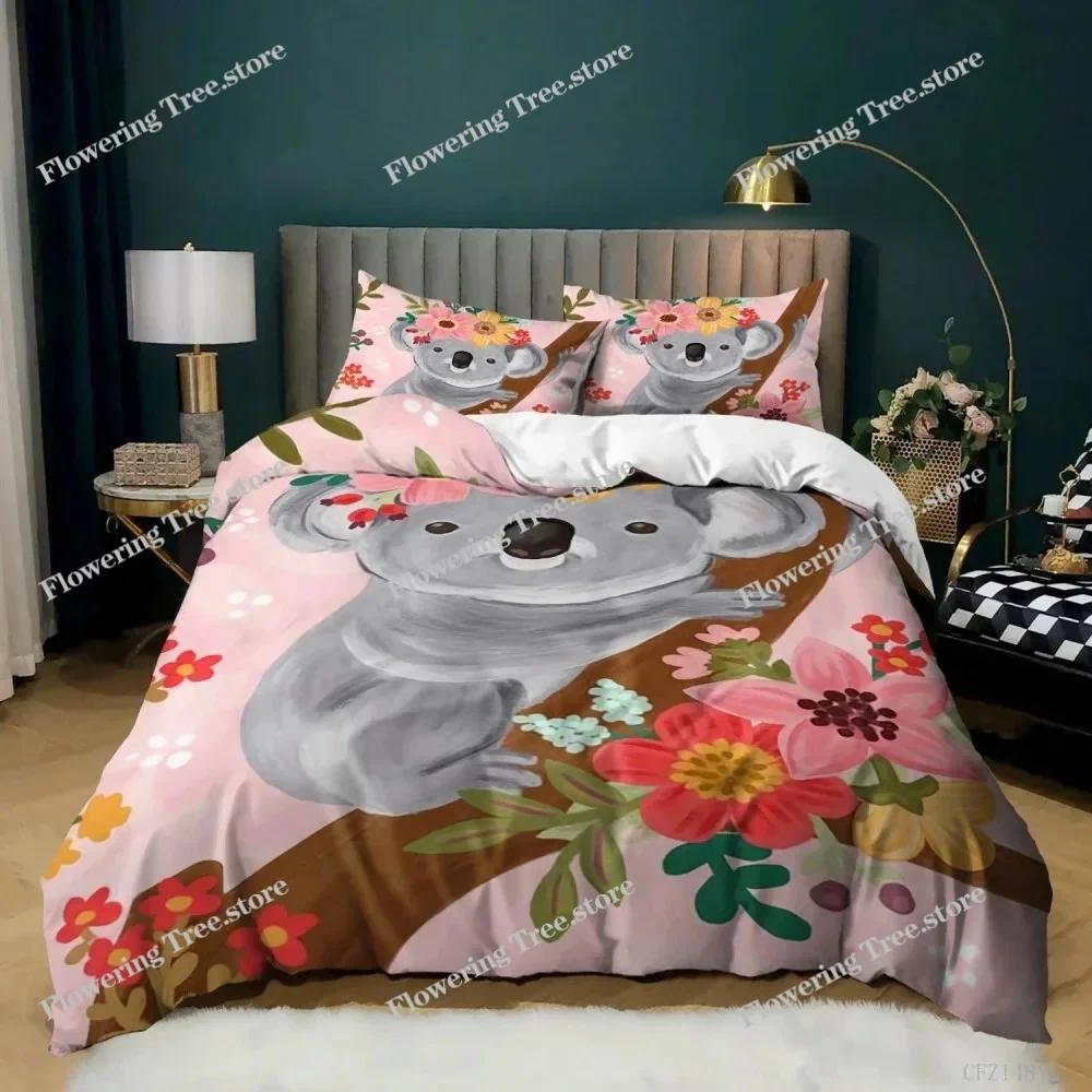 Cartoon Koala Duvet Cover King Queen Lovely Animal Bedding Set for Kids Teens Adults Wildlife Quilt Cover with Pillowcase