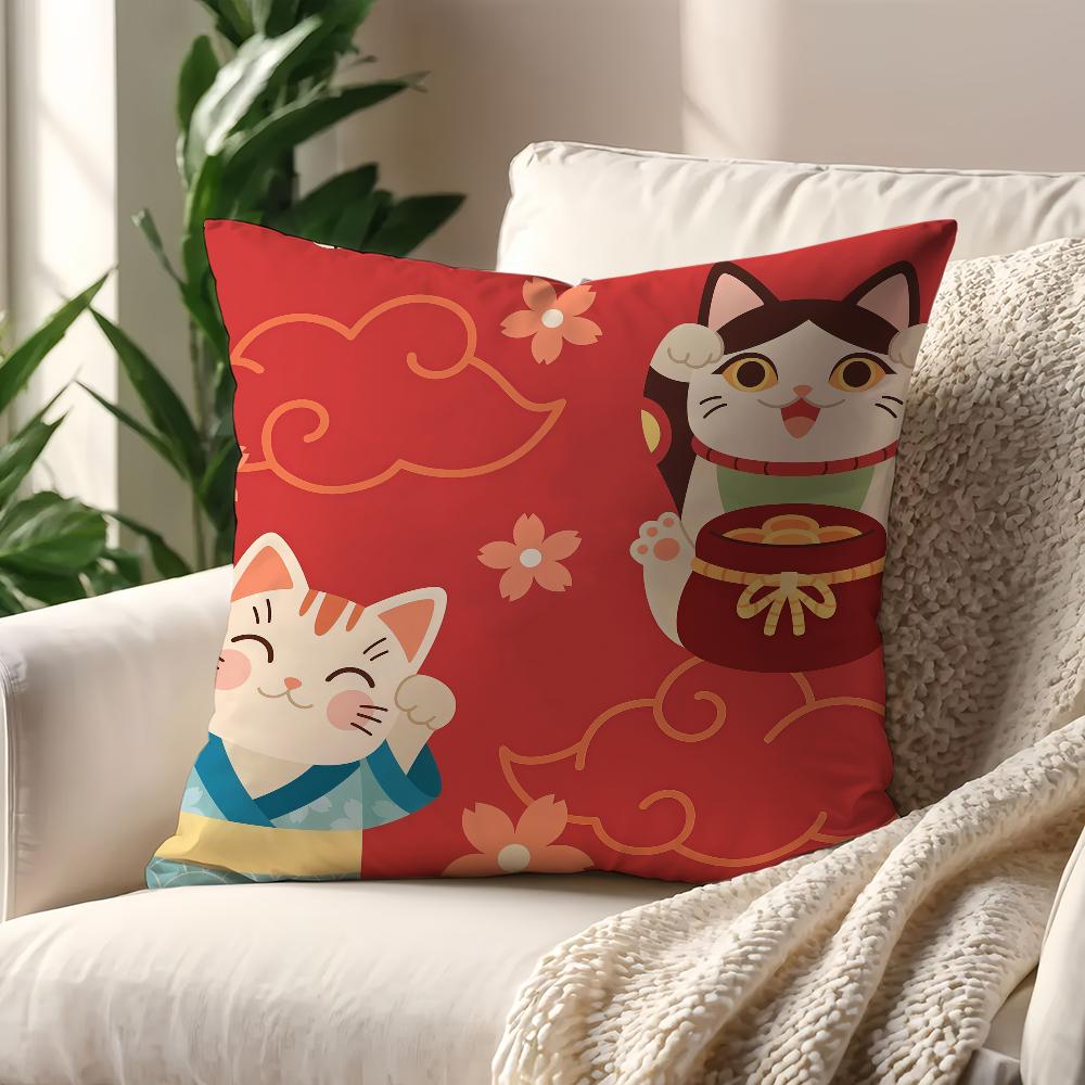 Lucky Cat M-Maneki Neko Cushion Cover For Pillow Printing Sofa Decoration Home Car Room Coffee Shop Office Nordic Simplicity