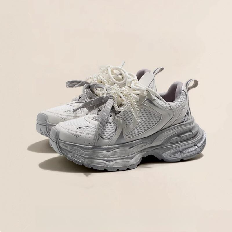 Korean version of double shoelaces dad shoes women's 2025 spring new mesh breathable lightweight versatile platform casual sports shoes