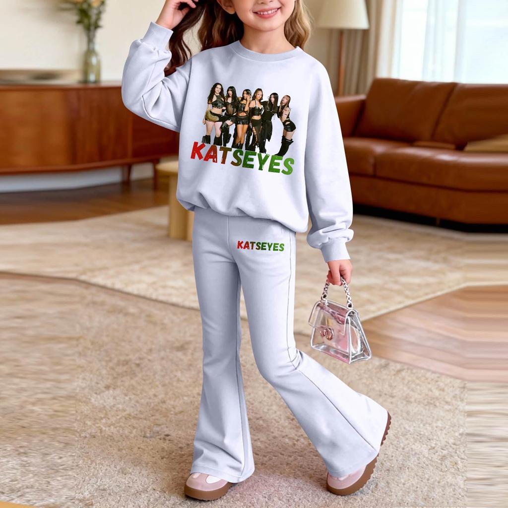 Kids Printed Long Sleeve Neck Top and Pants Set, Casual Loose Fit Outfit for Boys Girls