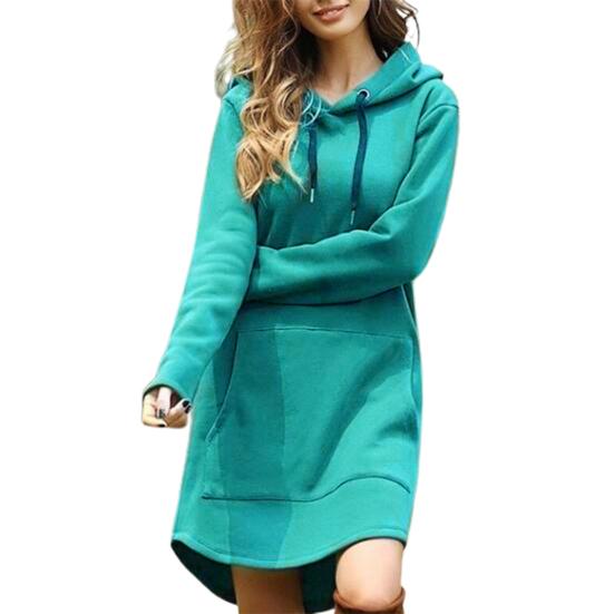 Long Hoodie Solid Color Drawstring Autumn Winter Large Pocket Irregular Hem Hooded Dress for Daily Wear