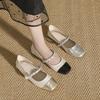 Mode Damen Lolita Kette Riemen Mary Janes Gemischte Farbe Gold/Silber Ballerinas mit flachem Absatz Quadratische Zehenpartie Slipper Alltag Barfußschuhe Damen