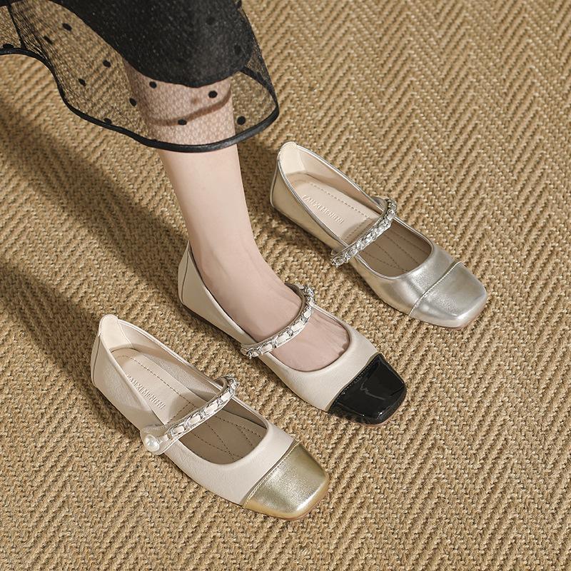 Fashion Women's Lolita Chain Strap Mary Janes Mixed Color Gold/Silver Flats Ballerinas Square Toe Loafers Daily Barefoot Shoes Ladies