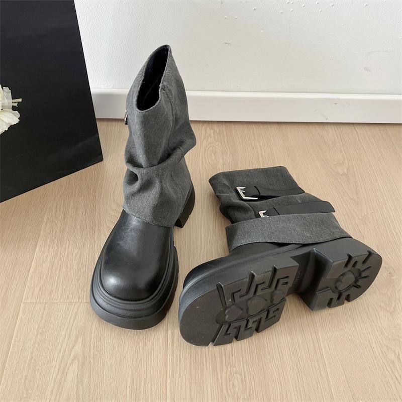 Black Thick-soled Heightening Sleeve Short Boots Women's Autumn 2025 Fashion Versatile Design Belt Buckle Martin Boots