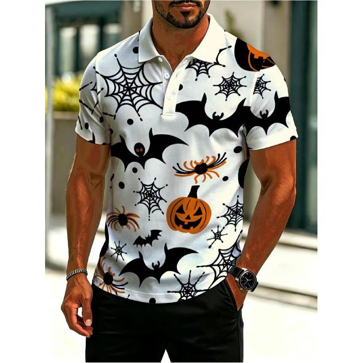 Polo homme motif citrouille Halloween, polo homme avec col