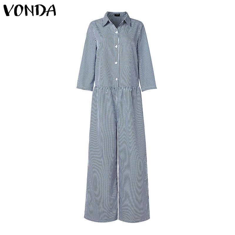 VONDA Women Lapel Neck Long Sleeve Plaid Casual Long Jumpsuits Overalls