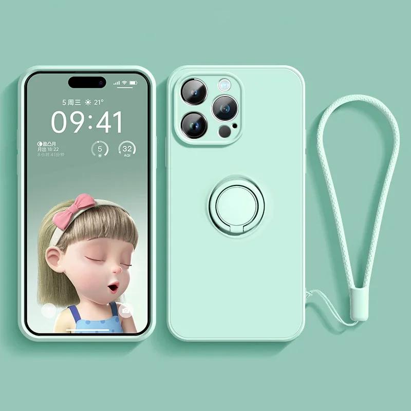 

360 ° Rotating Metal Ring Holder Liquid Silicone Shockproof Case For IPhone 16 14 13 12 11 15 Pro Max Plus Mini Cover With Strap For iphone12Mini&Case & Strap