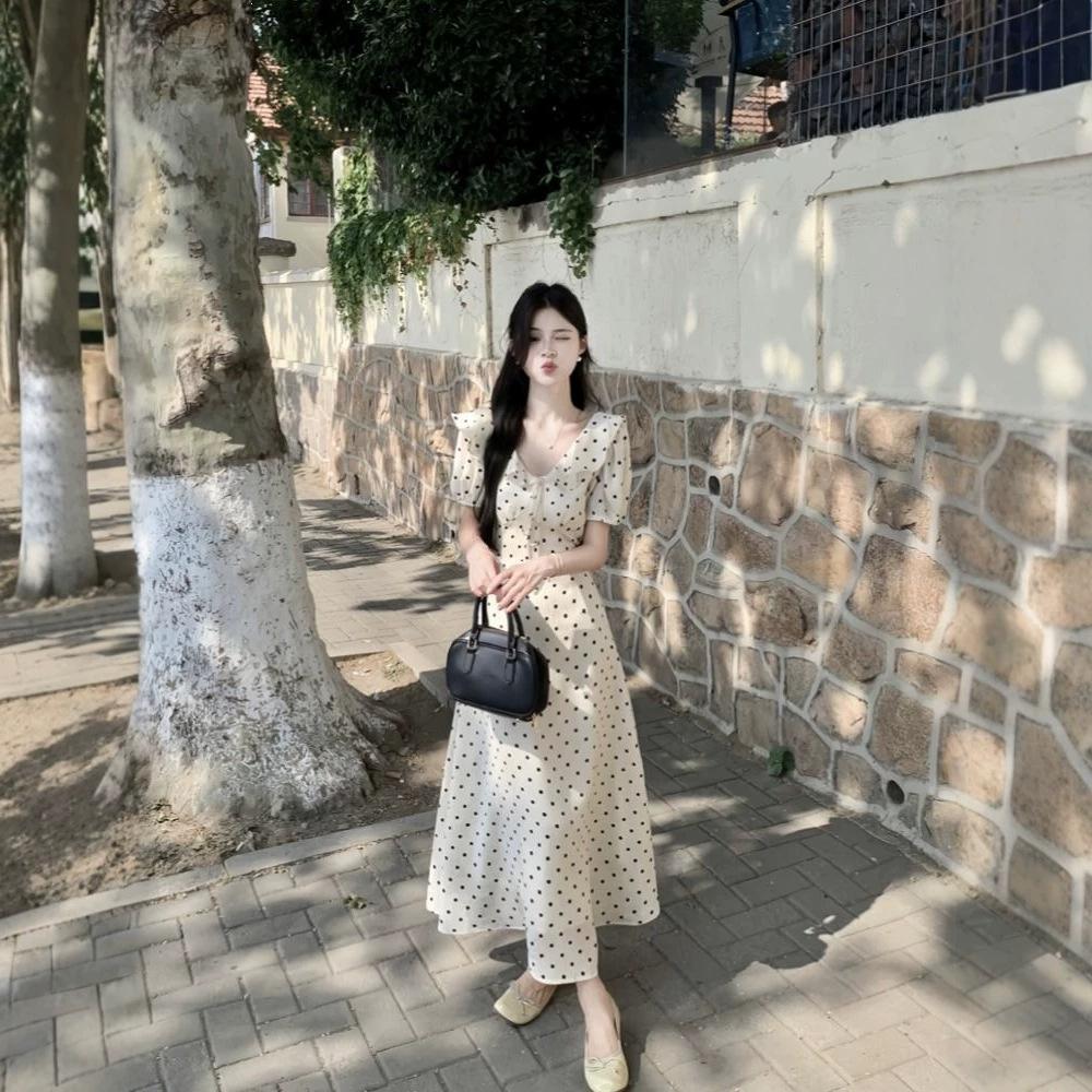 French Gentle White Polka Dot Dress Women's Summer New Lace-up Waist and Thin Temperament Seaside Vacation Dress