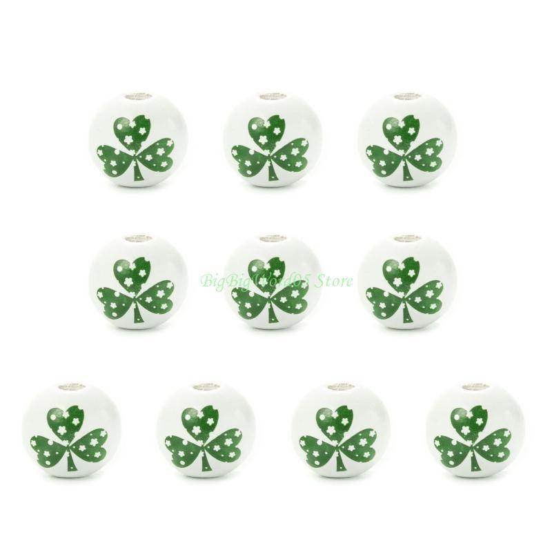 24TE Patrick s Day Beads 10 Pcs Irish Clover Pattern Wooden Round Bead