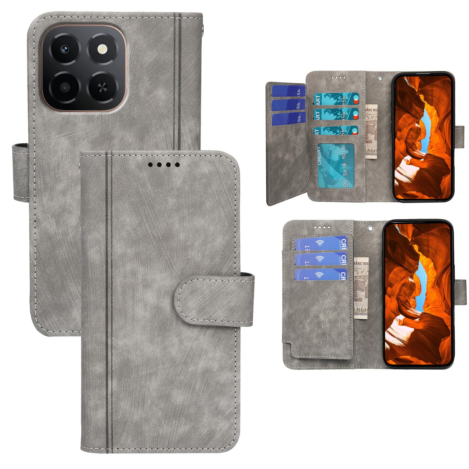 

For Honor X6c 4G Leather Case Line Pattern Wallet Phone Cover with 9 Card Slots Grey