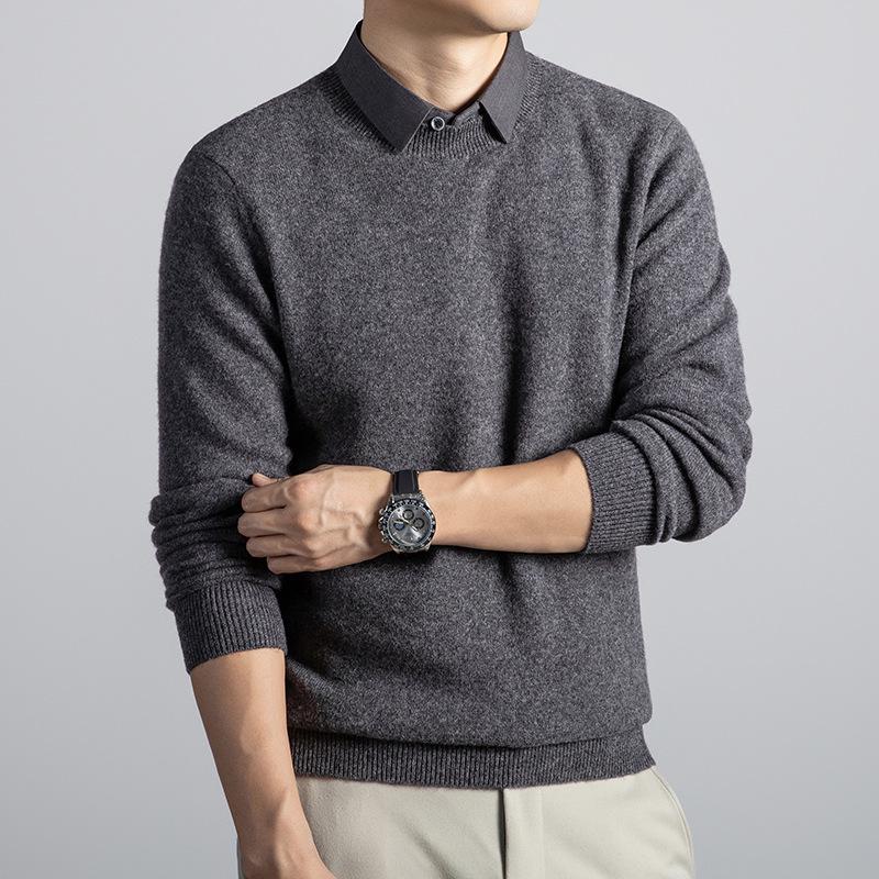 Męski gruby wełniany sweter z dekoltem w serek i klapami 2025 - Fason udający dwie części, dzianina biznesowa