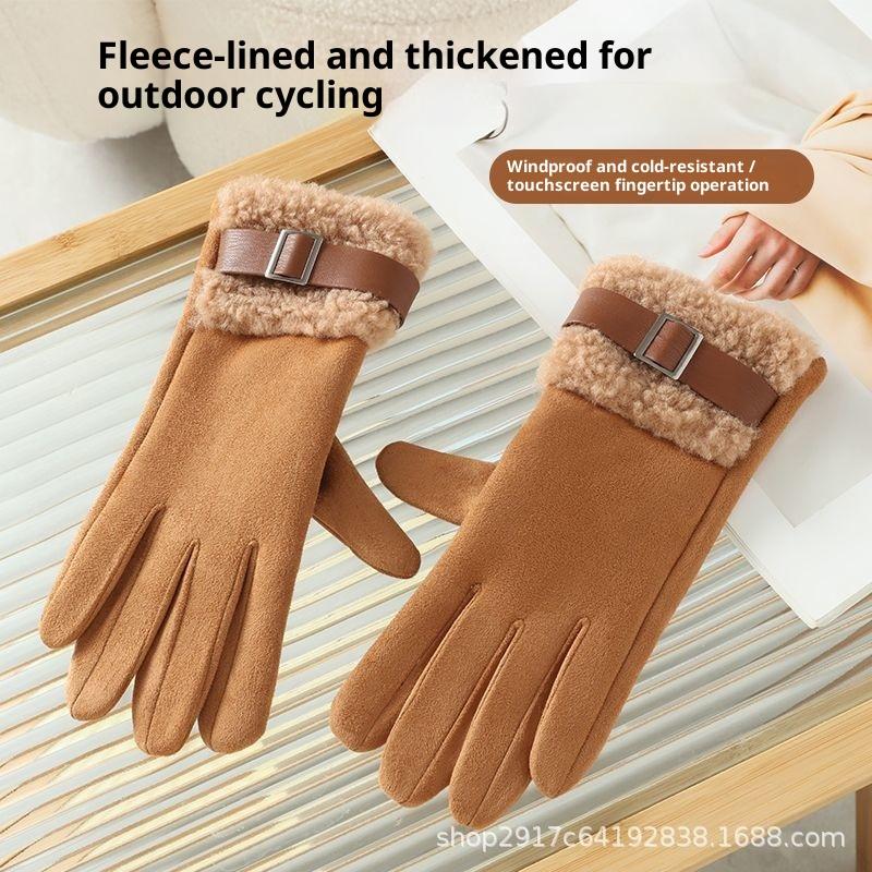 Fashion Suede Women Fleece Gloves Thick Warm Touch Screen Cycling Mittens Windproof Cold Protection Outdoor Ski Gloves