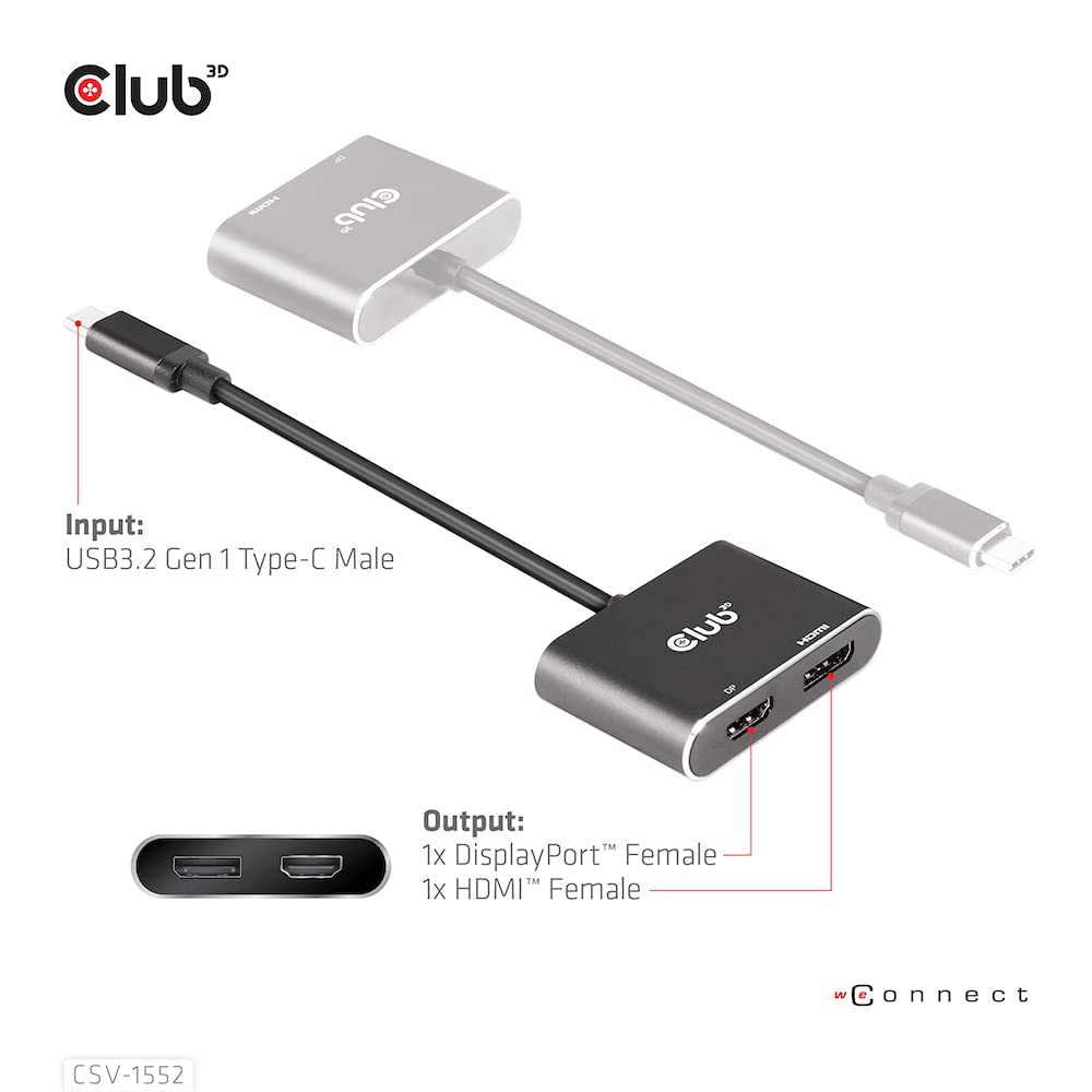 Club 3D MST Hub USB 3.2 Gen2 Type-C (DP Alt-Mode) to DisplayPort + HDMI 4K60Hz Male/Female Dual Display Splitter Hub (CSV-1552)