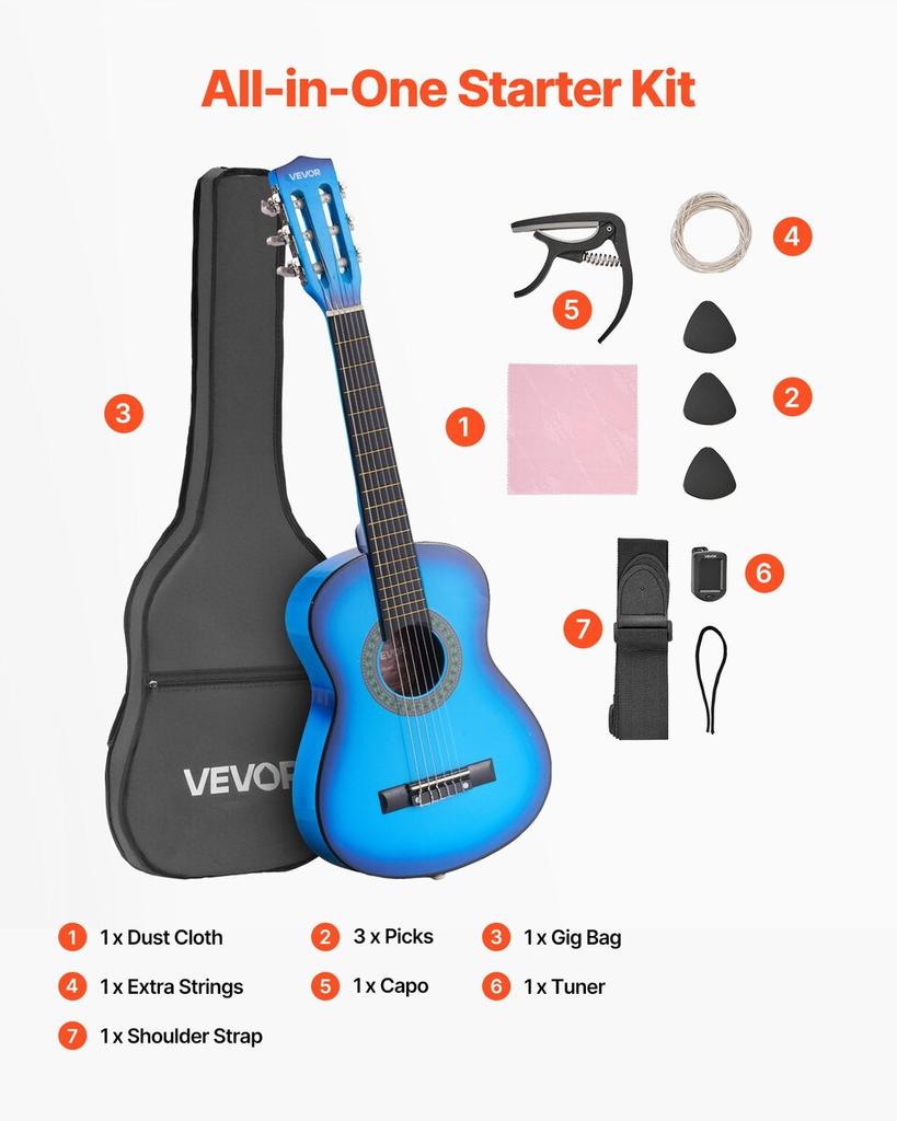 Classical Guitar, 780 mm, Wood Classical Guitar Starter Kit for Beginners, with Nylon Strings, Gig Bag, Strap, Tuner, Extra Strings, Picks, Capo,