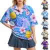 Women Casual Polo Shirt Loose Fit Short Sleeve Button Down Collar Tropical Print Summer Top