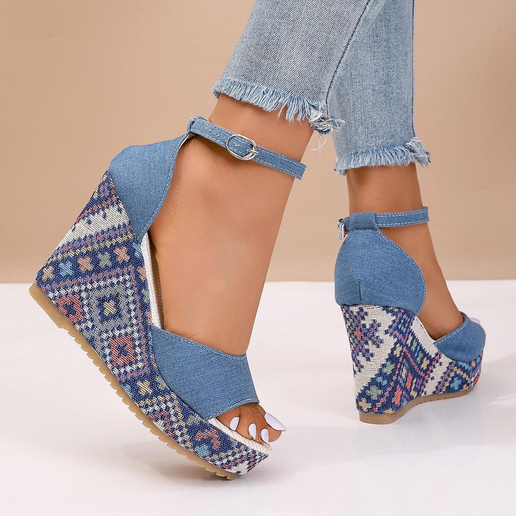 2025 Foreign Trade New European and American Style Denim Round Head Hollow One-word Buckle Weave Water Platform Muffin Bottom Slope Heel Sandals