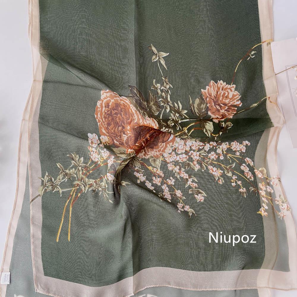 New Design Green Women Elegant Flower Print Chiffon Georgette Bandana Scarf Summer Beach Sunscreen Thin Travel Shawl