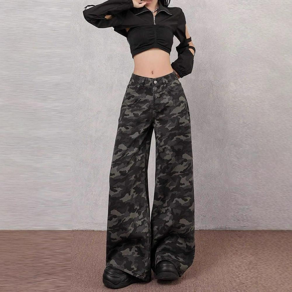 Hundreds of Camouflage High Street Wide Leg Jeans Female High Waisted Skinny Loose Straight Straight Trousers Jeans for Women Long Denim Pants