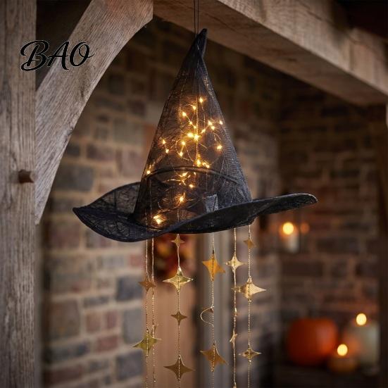 Luminous Witch Hat Lights Lighted Hanging Chime, Halloween LED Ornament with Glow Star Tassels, Magical Light for Porch Window Patio Indoor