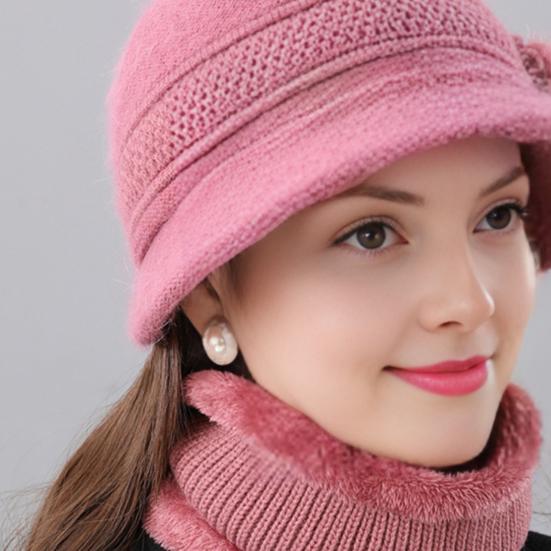 2Pcs/Set Women Winter Hat Scarf Set Elastic Soft Warm Solid Color Design Imitation Rabbit Fur Basin Hat Scarf Set