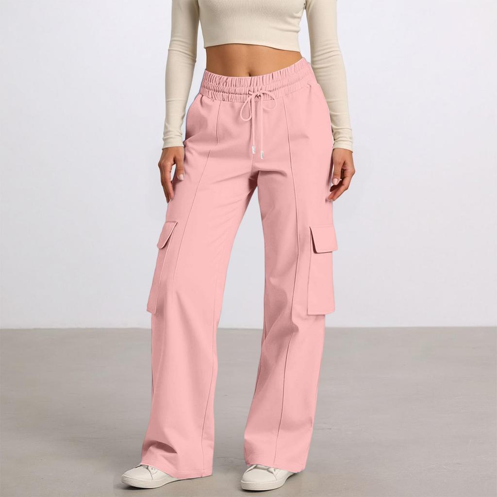 Women's Casual Fashion Solid Color Elastic Waist Drawstring Workwear Wide Leg Pants With Pockets