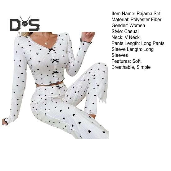 Women Lace Trim Pajama Set Long Sleeve V-Neck Front Button Tops Full-Length Pants Sleepwear Nightwear