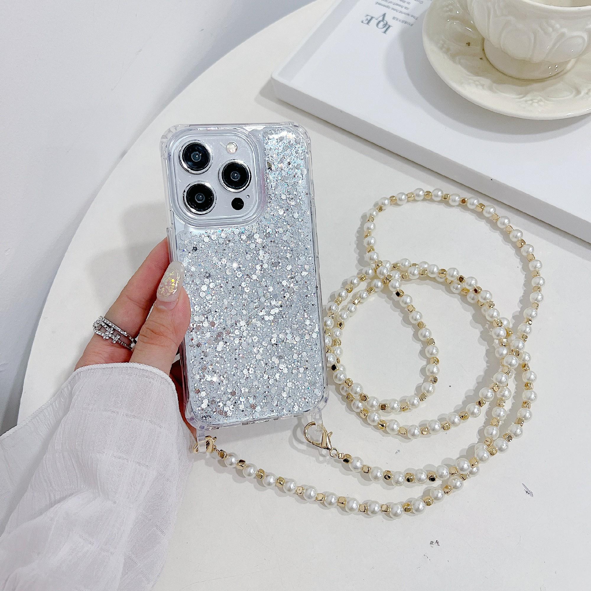 

Чохол для iPhone 15 Pro Max з блискучою пудрою, акрилова+ТПУ накладка на телефон з ремінцем з перлинних намистин White